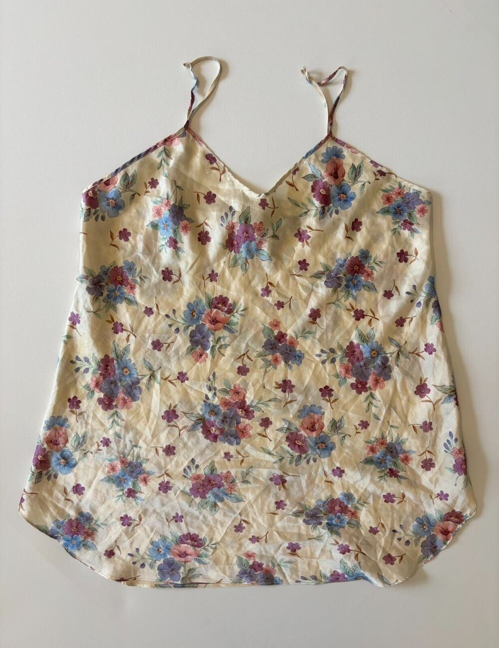 Vintage Floral Satin Cami Womens XL Coquette Slip Top Cream Lingerie Chemise Y2K